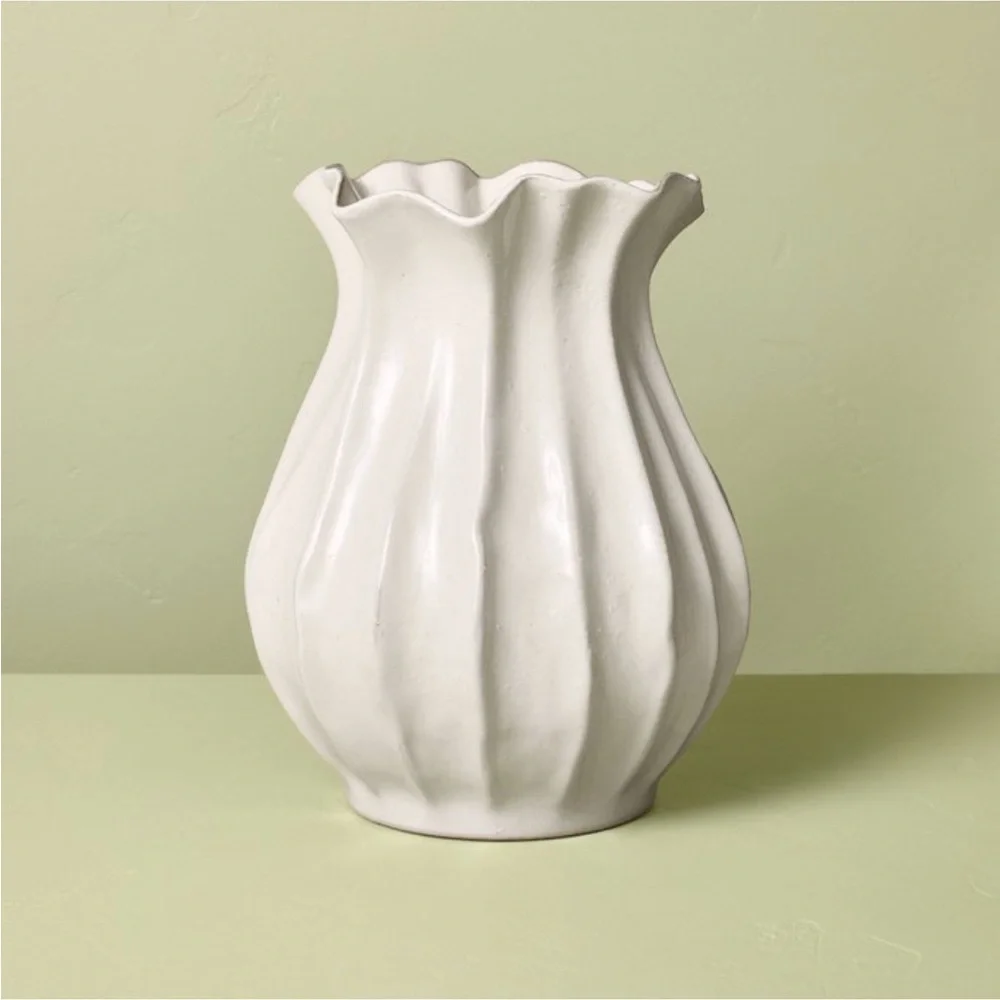 16” Pleated Ceramic Rustic Vase Sour Cream - Hearth & Hand™ with Magnolia